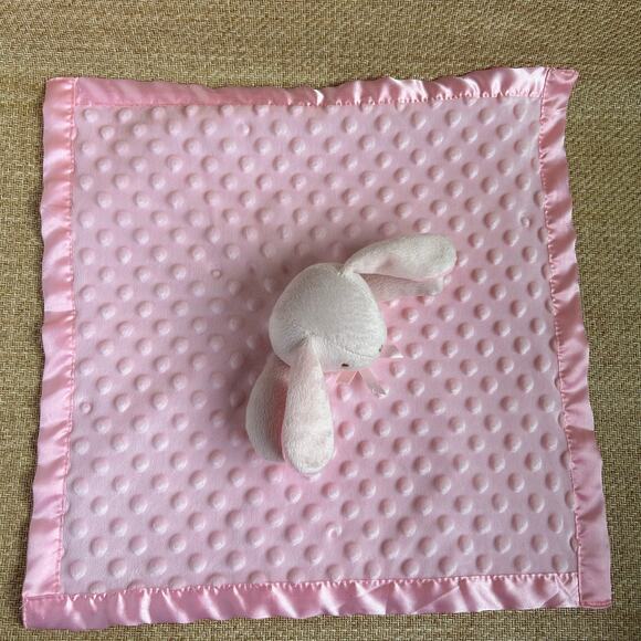 Pink Bunny Security Blanket Lovey Plush Satin Trim Dotted Minky - Picture 6 of 6